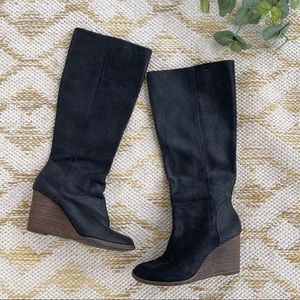 Lucky brand black leather tall wedge boots